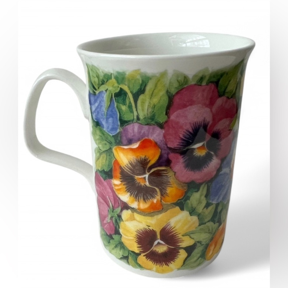 Vintage Elegance Fine Bone‎ China Pansies Floral  Print 90s Boho Cottagecore Mug